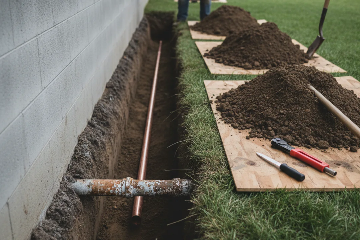 Excavated water line trench during Water Softener Installation in Allston